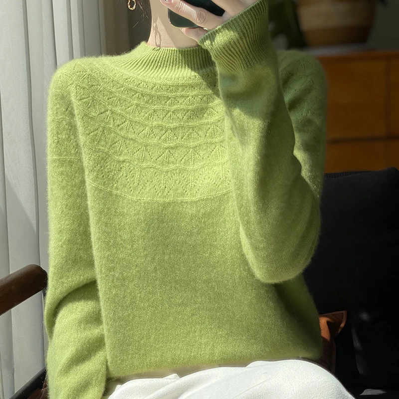 一线成衣~100%纯山羊绒衫女半高领镂空宽松休闲百搭针织打底衫-66