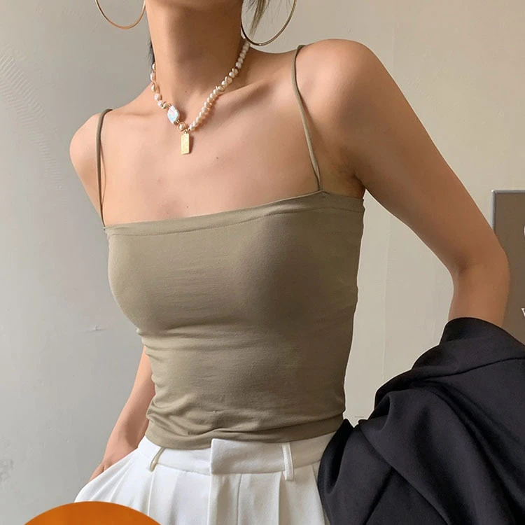 百搭纯色美背吊带弹力大遮副乳自带胸垫打底外穿吊带背心背心女