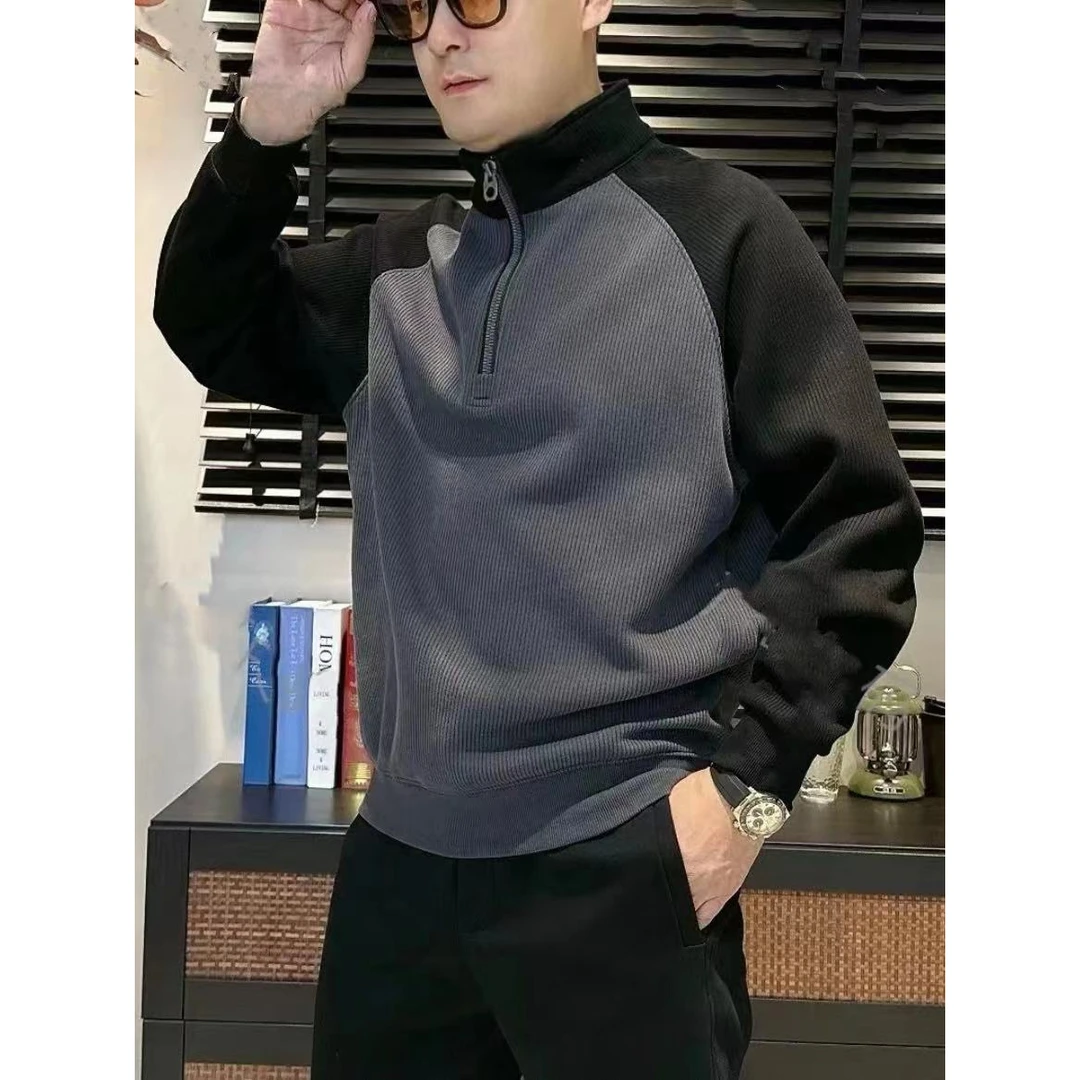 秋季新品男士休闲卫衣半拉链立领上衣百搭拼接撞色加厚打底衫潮流
