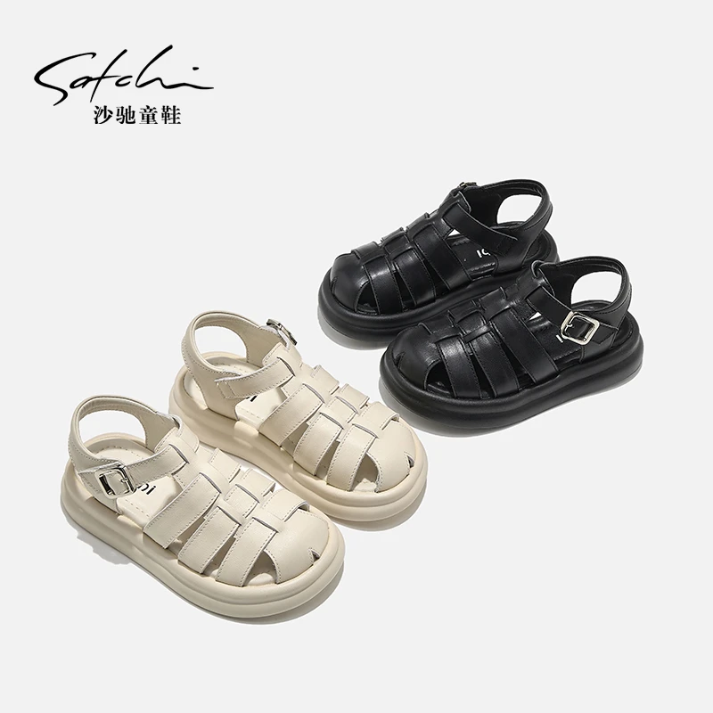 Satchi/沙驰童鞋夏季女童时尚罗马凉鞋休闲软底透气编织凉鞋24238