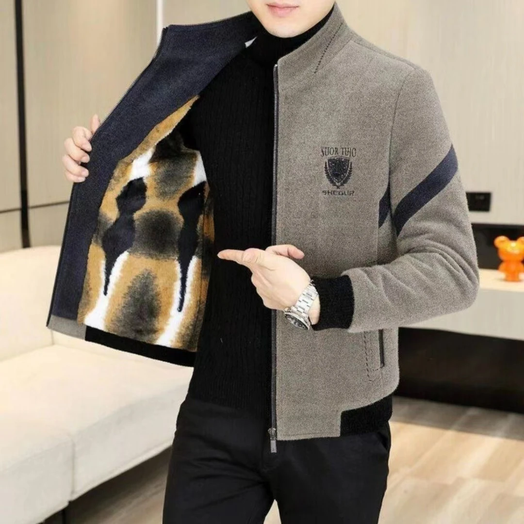 2024冬季男士立领毛呢外套加绒加厚百搭帅气休闲上衣条纹刺绣夹克