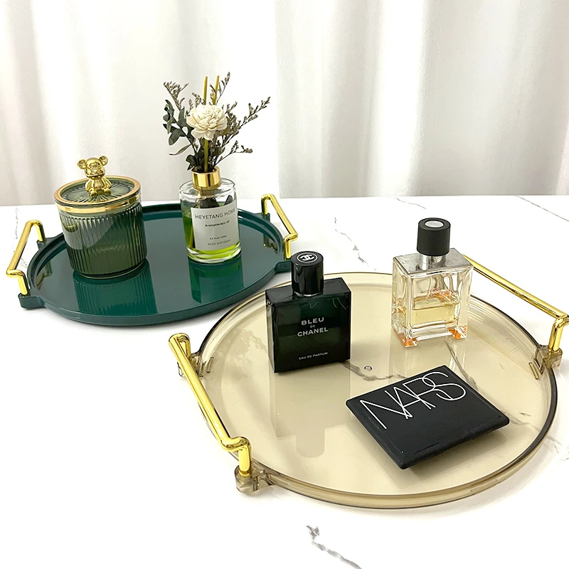 北欧轻奢高档圆形托盘镜面盘金边茶盘家用客厅果盘亚克力收纳盘