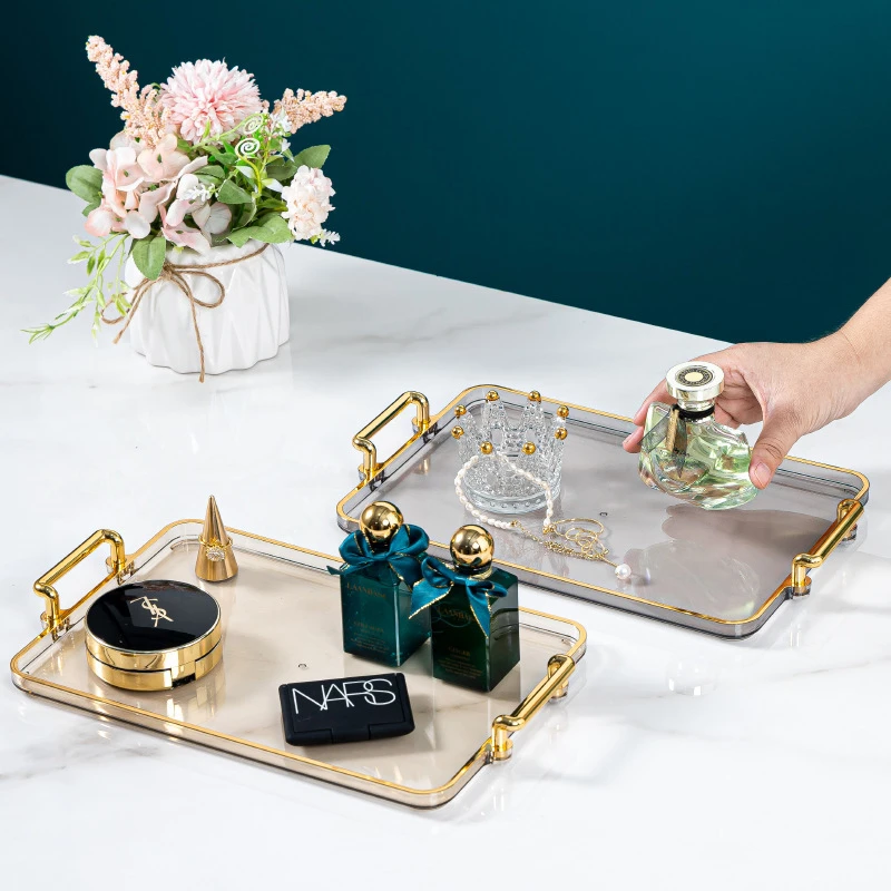 北欧轻奢方形托盘跨境电商金边透明托盘果盘家用塑料托盘多规格