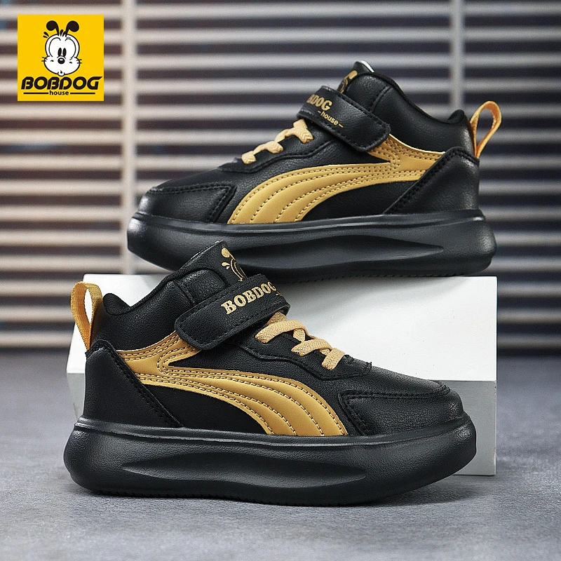 巴布豆男童鞋子2024秋冬新款皮面防水休闲鞋中大童高帮男孩运动鞋