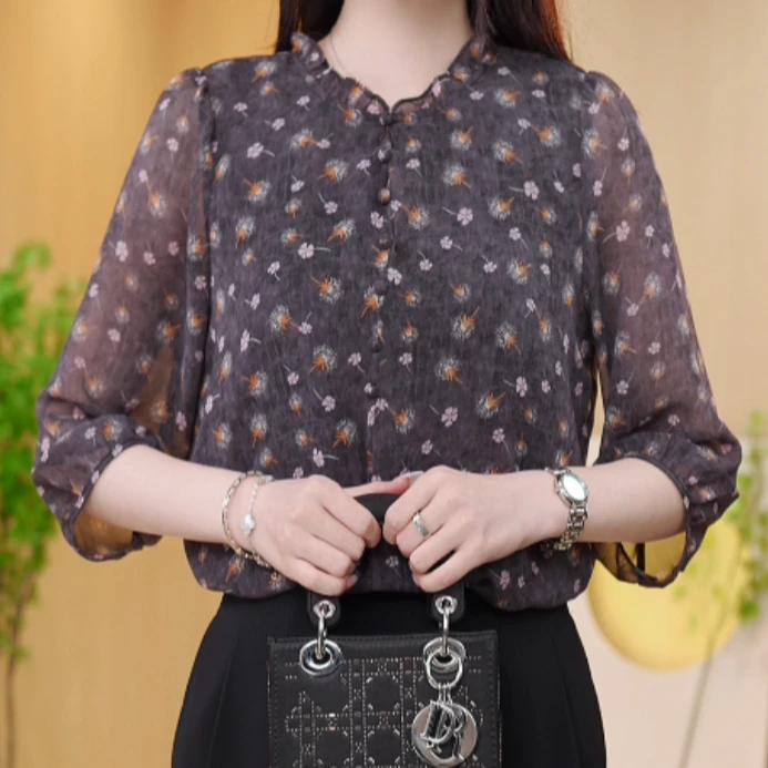 敬亭2025新中式国风设计感气质印花圆领衬衫上衣K171-欢欢