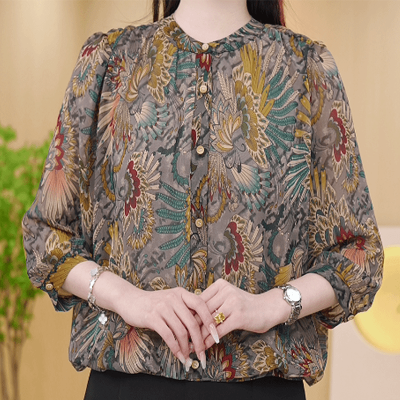 初相识2024新中式国风设计感气质印花圆领衬衫上衣K143