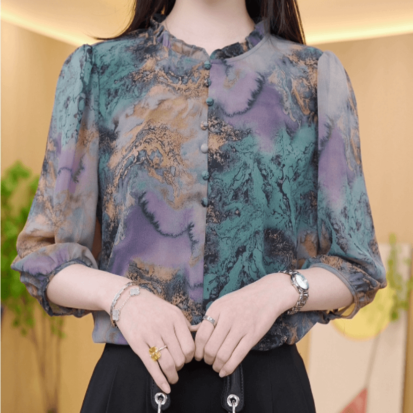 初相识2024新中式国风设计感气质印花圆领衬衫上衣K211