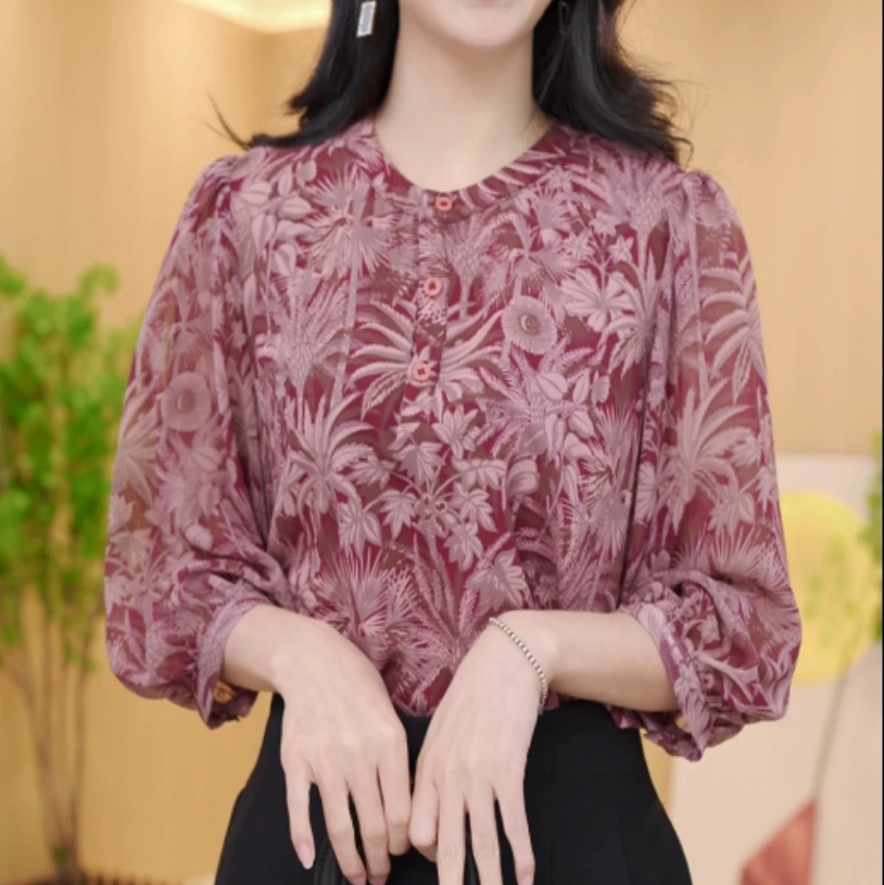 敬亭2024新中式国风设计感气质田野印花圆领衬衫上衣K266-欢欢