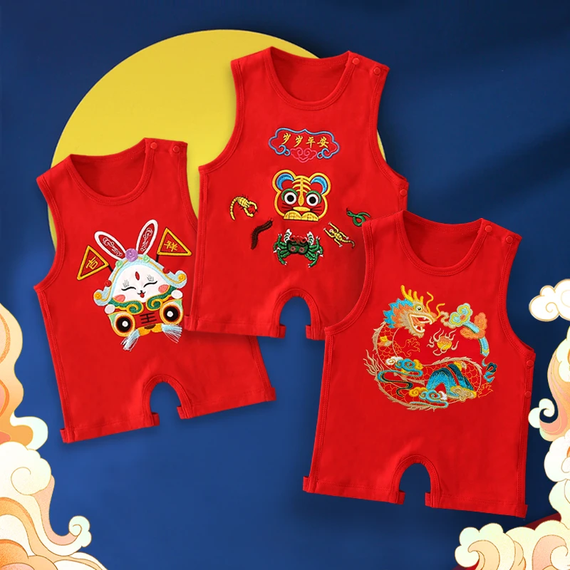 婴儿连脚肚兜夏季薄款新生儿宝宝背心护肚围半背衣中国风红色DD27