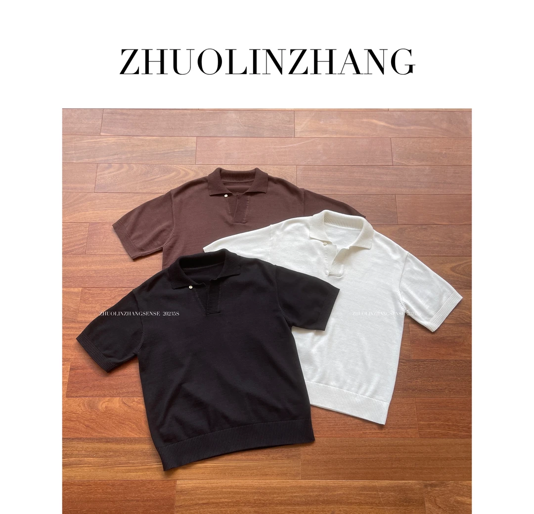 ZHUOLINZAHANG 老钱风重磅300克翻领polo简约扣子百搭polo衫短袖