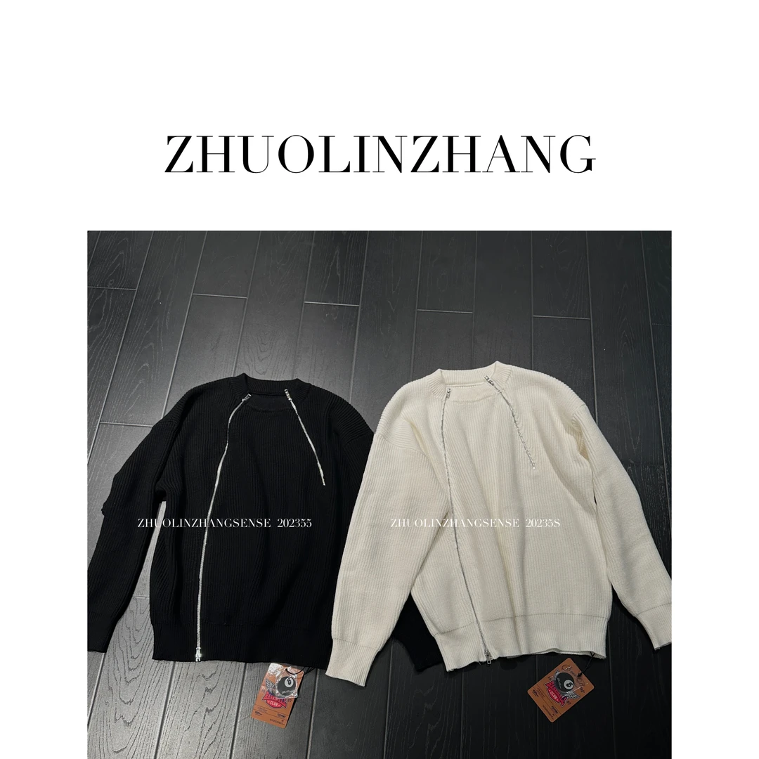 ZHUOLINZHANG /韩国男士毛衣衫斜侧拉链设计纯色休闲针织衫外套
