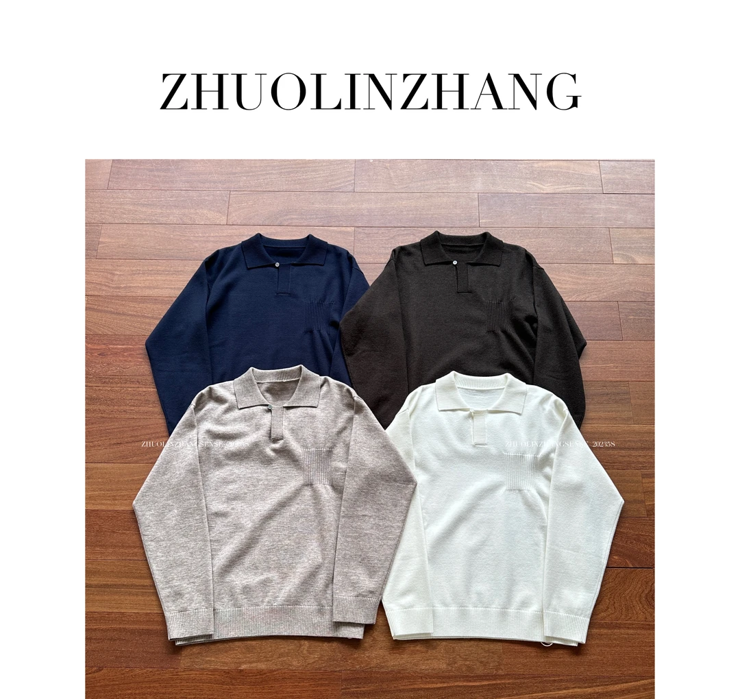 ZHUOLINZAHANG 秋冬「老钱风法尼澳绒」微宽松纯色休闲缺口领针织衫
