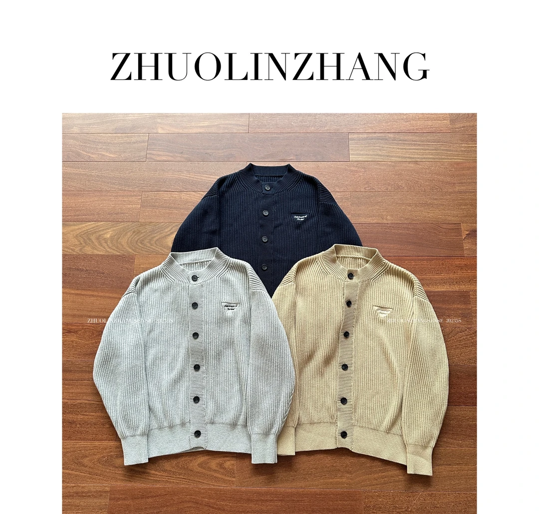 ZHUOLINZAHANG 秋冬慵懒三角字母刺绣藏青色开衫休闲百搭毛衣外套