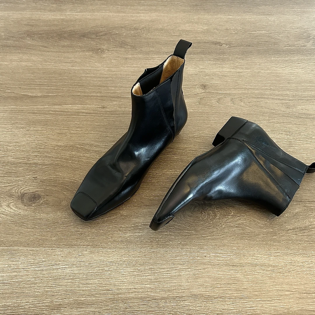 Dannyfrey秋冬新款英伦复古切尔西靴方头弹力瘦瘦靴真皮粗跟短靴