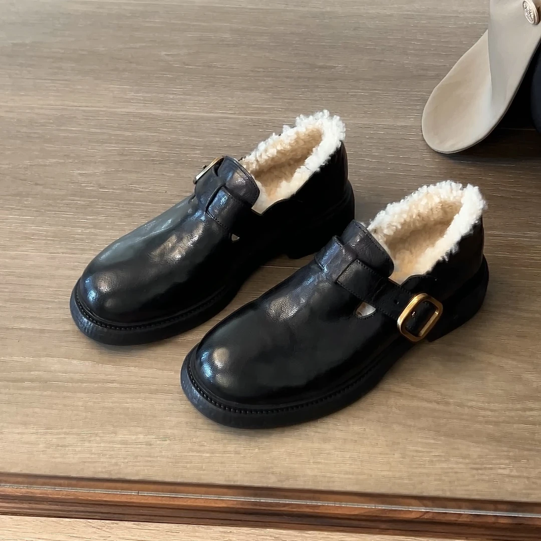 Dannyfrey冬季新款真皮单鞋女加绒小皮鞋低跟玛丽珍配羊羔毛鞋