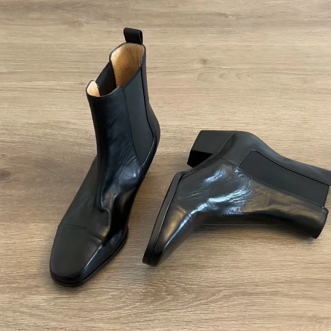 Dannyfrey法式气质圆头手工短靴新款百搭切尔西靴粗跟通勤裸靴