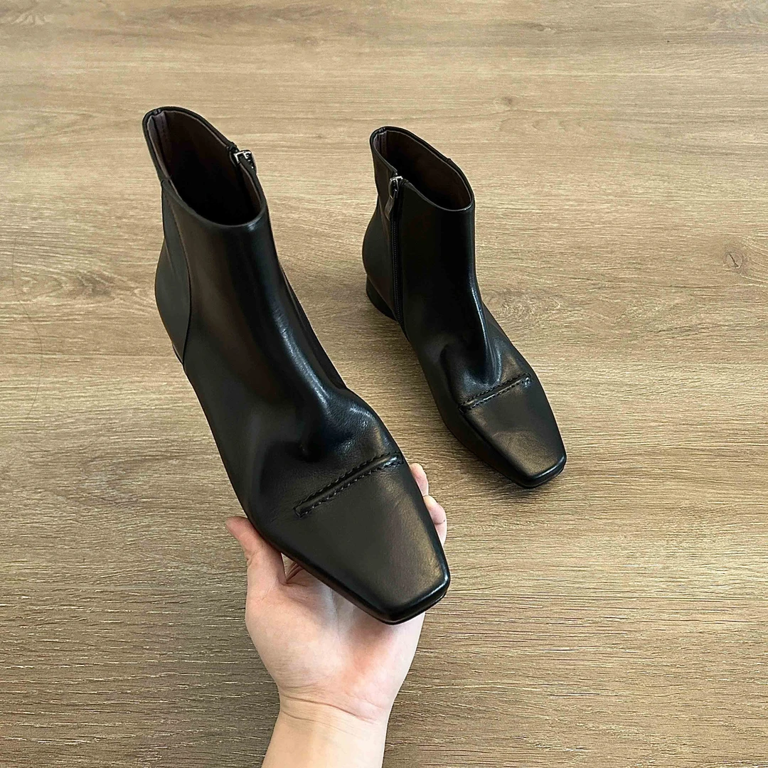 Dannyfrey英伦风水洗小牛皮方头切尔西靴子中跟女粗跟短靴瘦瘦靴