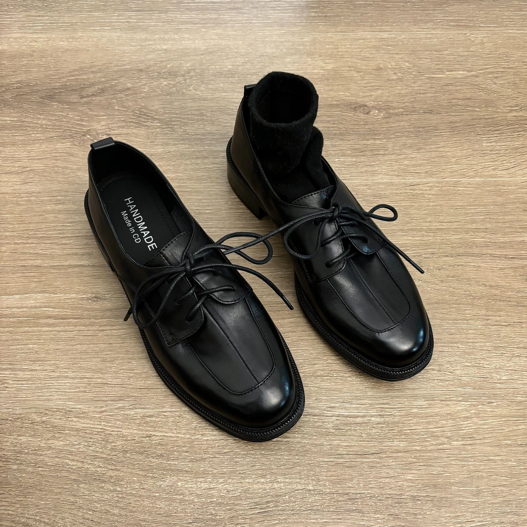 Dannyfrey水洗小牛皮系带小皮鞋女中跟布洛克鞋女粗跟深口单鞋