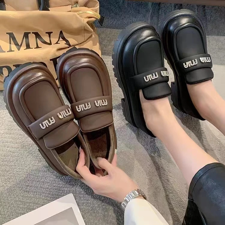 【苏柚新品】2023秋冬新款休闲百搭小皮鞋时尚增高厚底加绒乐福鞋