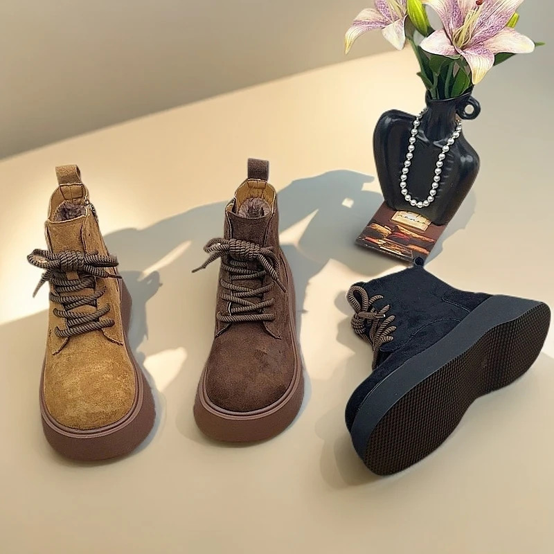 爆款厚底马丁靴女2024冬季新款小个子增高加绒保暖翻毛皮显瘦短靴