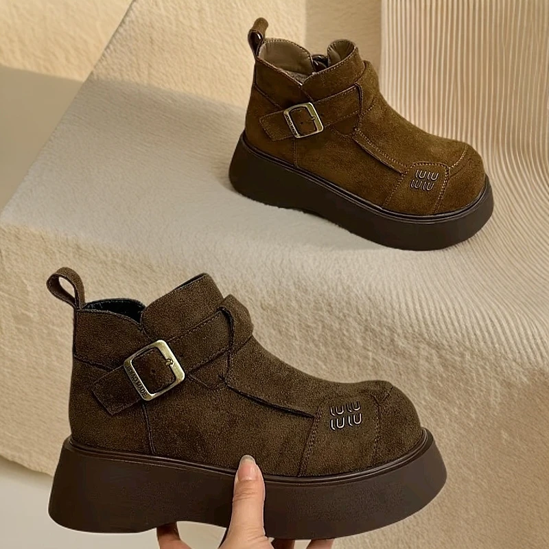 爆款磨砂厚底马丁靴2024秋冬新款复古雪地靴增高勃肯鞋休闲短靴女