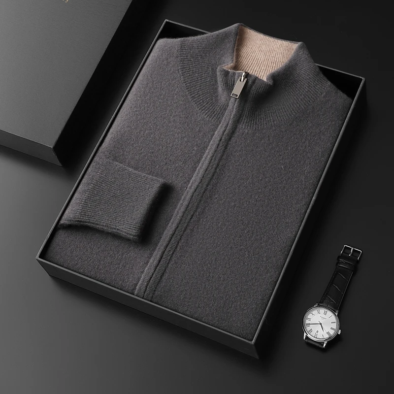 暖意纯山羊绒男秋冬双层加厚半高领羊绒开衫羊毛衣打底【约650克】