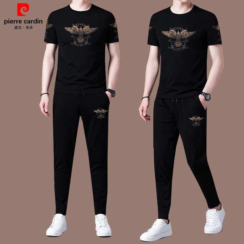 皮尔卡丹高档男士休闲运动套装短袖长裤无痕冰丝两件套薄款T恤夏。