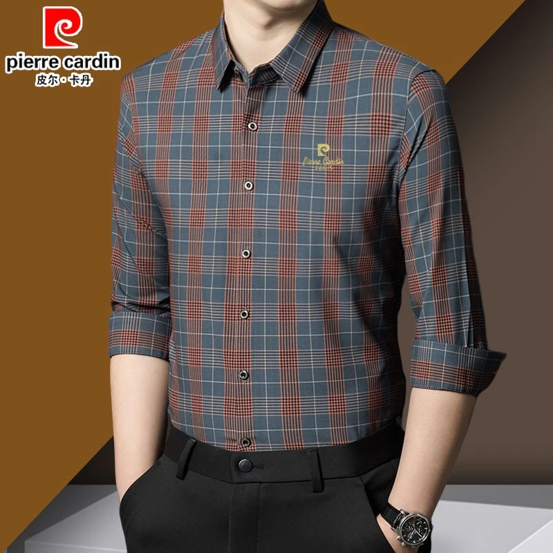 皮尔卡丹正品长袖格子衬衫秋季薄款时尚休闲抗皱高档免烫百搭衬衣