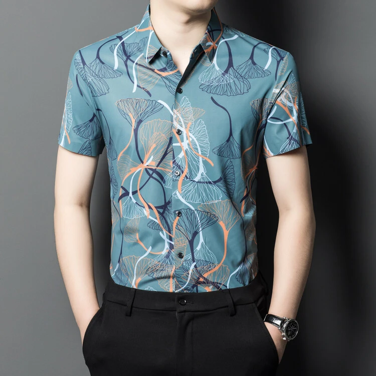 新款无痕冰丝短袖衬衫男士夏季商务休闲透气弹力抗皱印花衬衣上衣