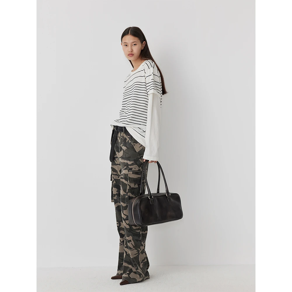 RandomPiece24新 长绒棉/竹节纱肌理感爱心挑洞假两件长袖宽松T恤