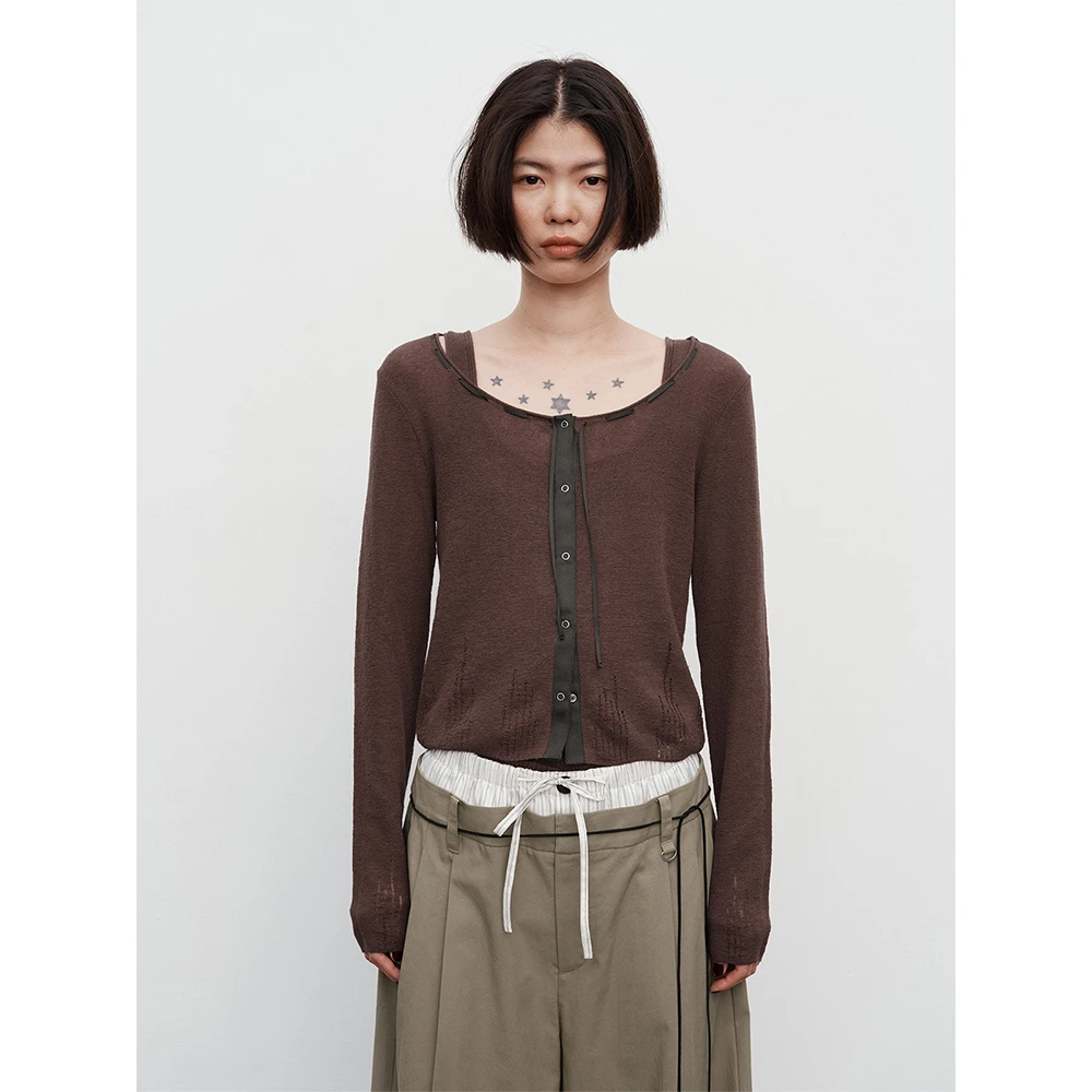 RandomPiece24新品 环保亚麻棉纱 织带拼接设计大圆领开衫百搭