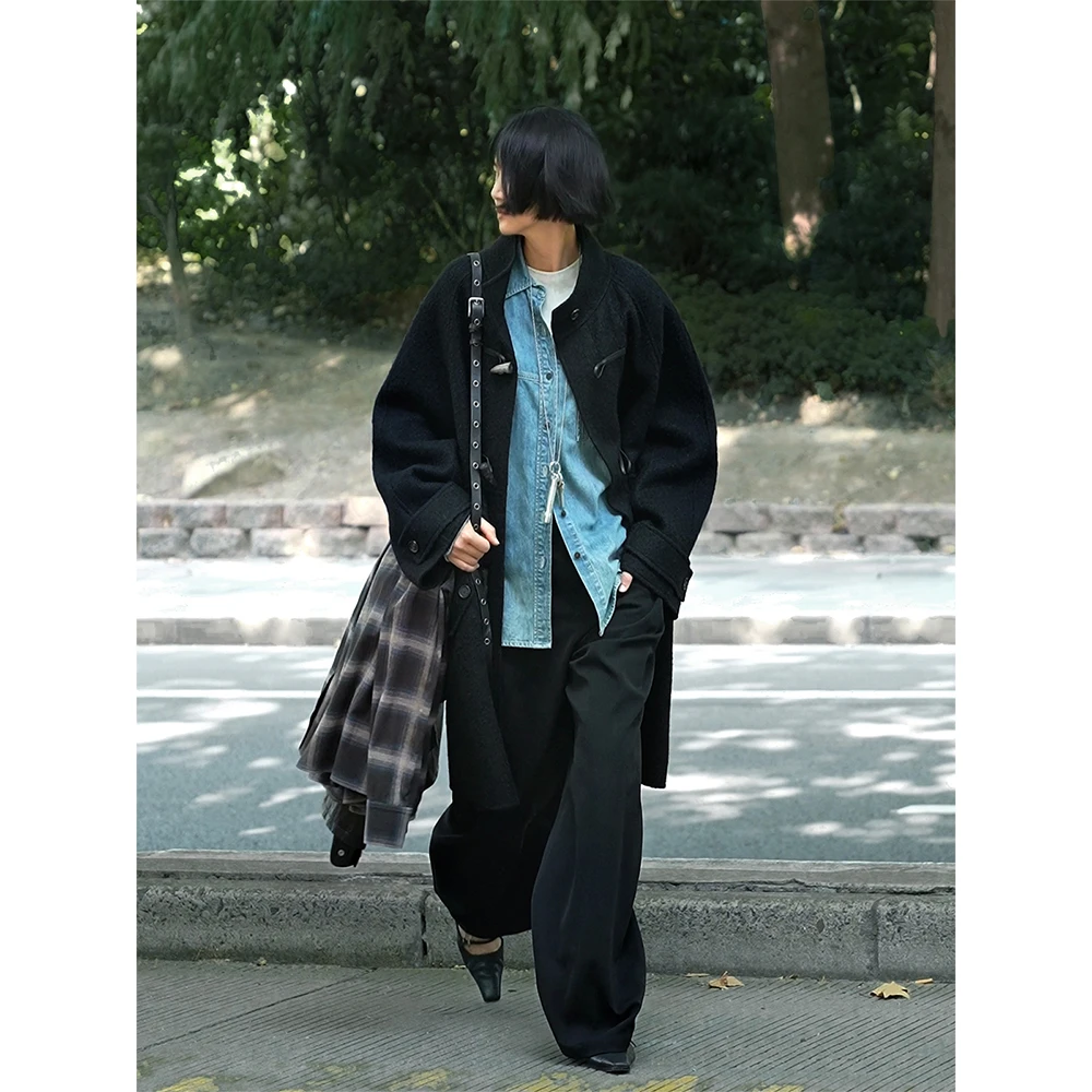 RandomPiece24新品 澳洲绵羊毛高寒驼毛立领牛角扣廓形双面呢大衣