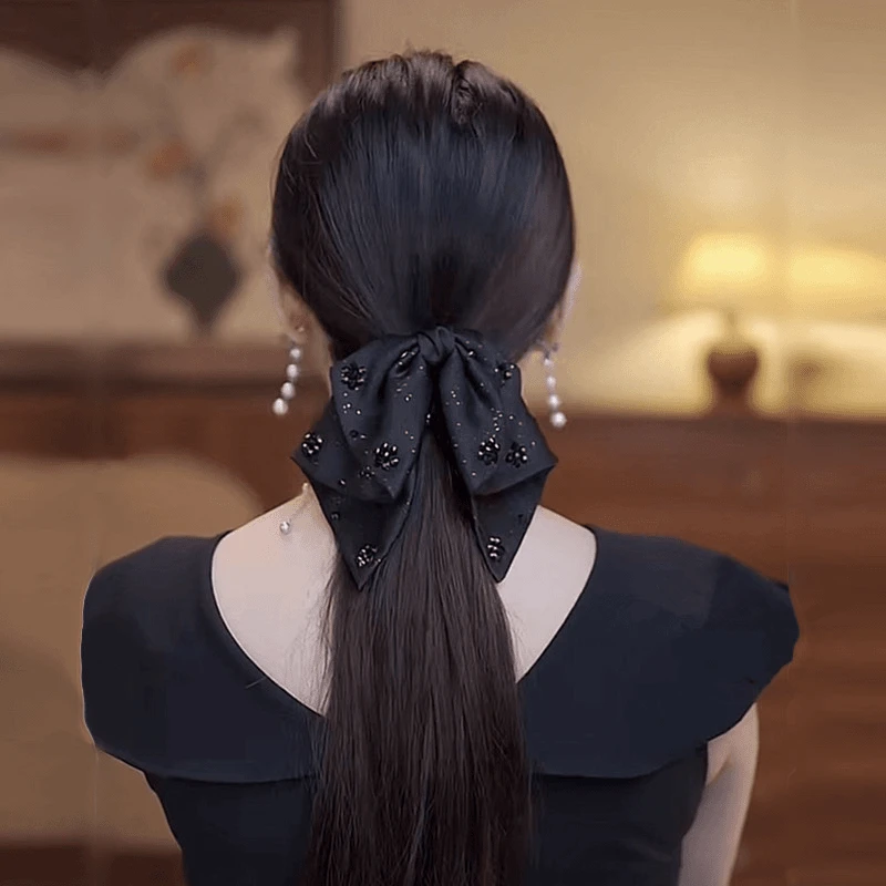 网红黑色亮片马尾夹 法式蝴蝶结缎面复古抓夹 时尚气质发夹F95