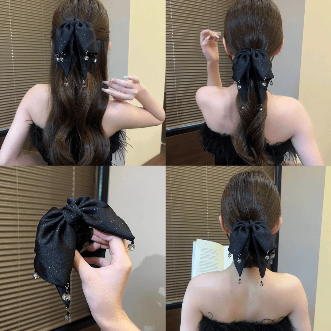 小仙女款高端黑色缎面蝴蝶结发夹女2024年新款时尚抓夹后脑勺顶夹