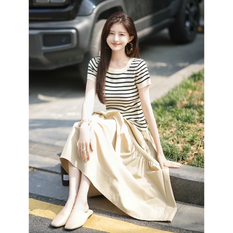 条纹针织衫T恤2025年夏季气质时尚短袖高腰中长款半身裙套装上衣