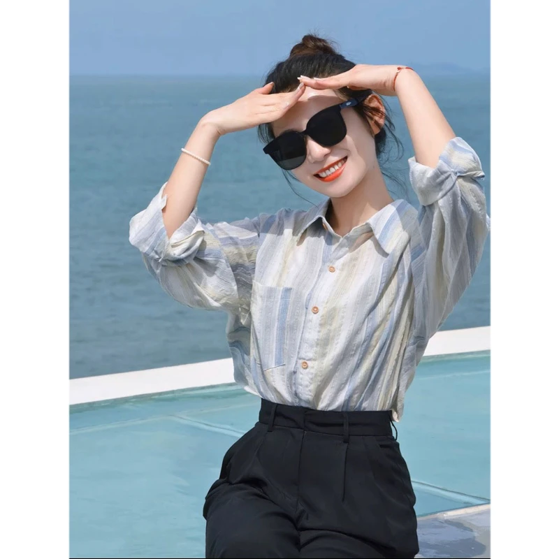 2025年春夏长袖翻领条纹别致防晒衬衫法式感小众上衣休闲衬衣