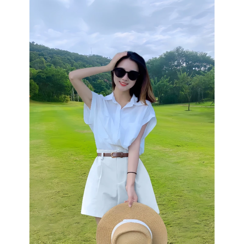 高级感短袖飞飞袖衬衫高腰阔腿短裤小个子时尚夏季设计感衬衣女