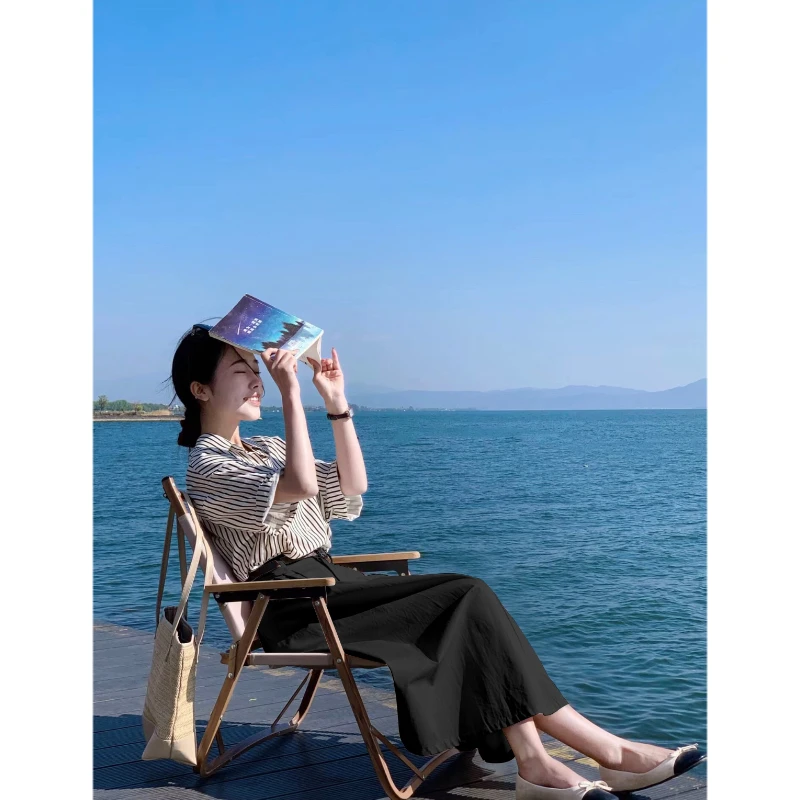 短袖竖条纹衬衫2025年夏季高腰中长款黑色半身裙休闲时尚小个子女