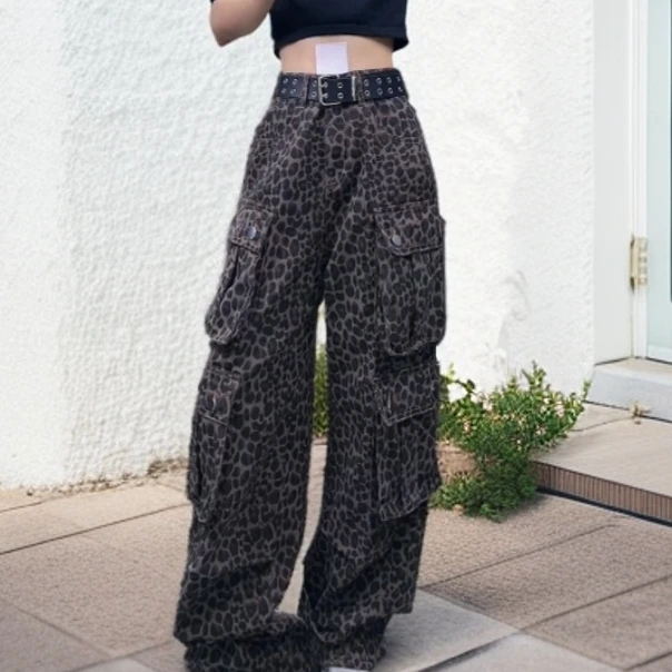 牛仔裤夏季豹纹女工装多口袋复古长裤高街阔腿牛仔休闲ins美式