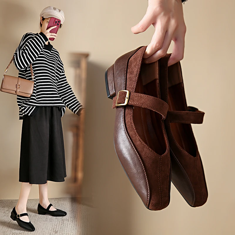 时尚复古玛丽珍女鞋2024秋新款韩版法式浅口单鞋一字带粗跟小皮鞋