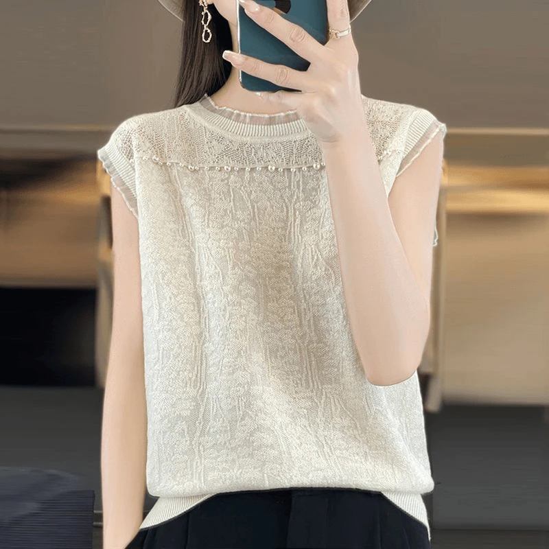 937【钉珠无袖-白】背心内搭春夏季新款蕾丝薄款洋气短款针织衫上衣