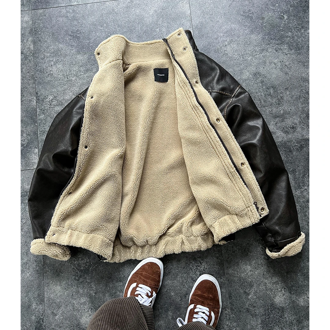 秋冬复古cleanfit风美拉德羊羔绒加厚皮衣男女宽松皮夹克棉衣外套