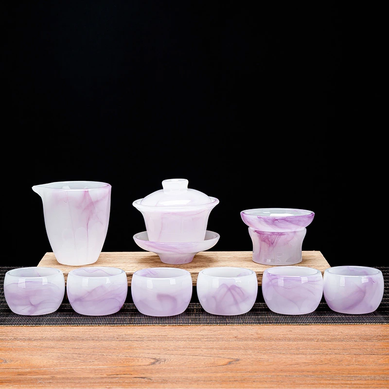 新款高档轻奢飘紫琉璃功夫茶具套装家用简约加厚三才盖碗茶杯整套