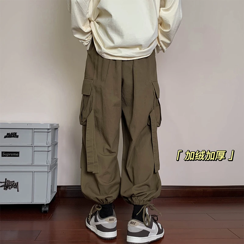 日系工装裤男款潮牌高街秋冬季加绒加厚宽松束脚大码休闲裤子机能