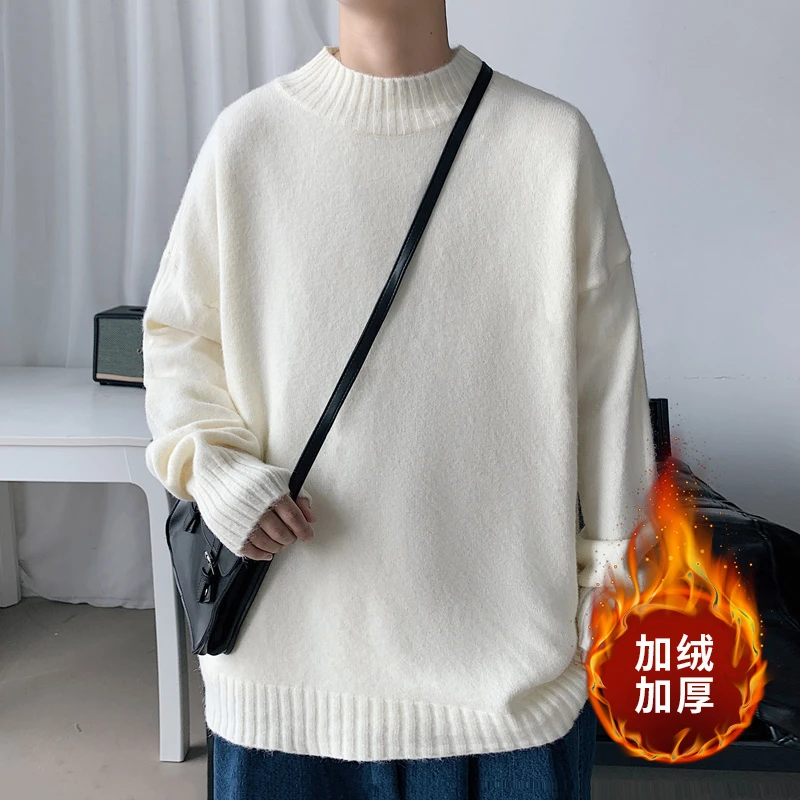 加绒加厚保暖半高领纯色毛衣男针织衫M666