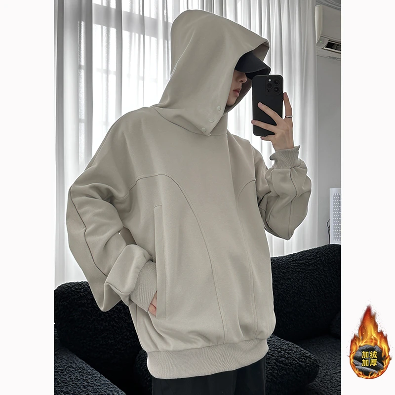 解构风排扣设计连帽重磅卫衣男加绒春秋oversize美式高街潮牌外套