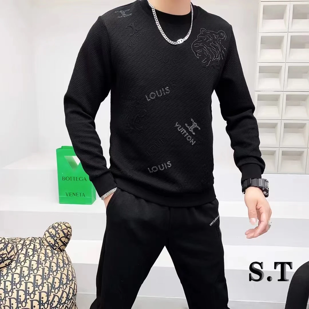 欧洲站2022秋冬新款字母印花烫钻卫衣男黑色高端修身圆领长袖上衣