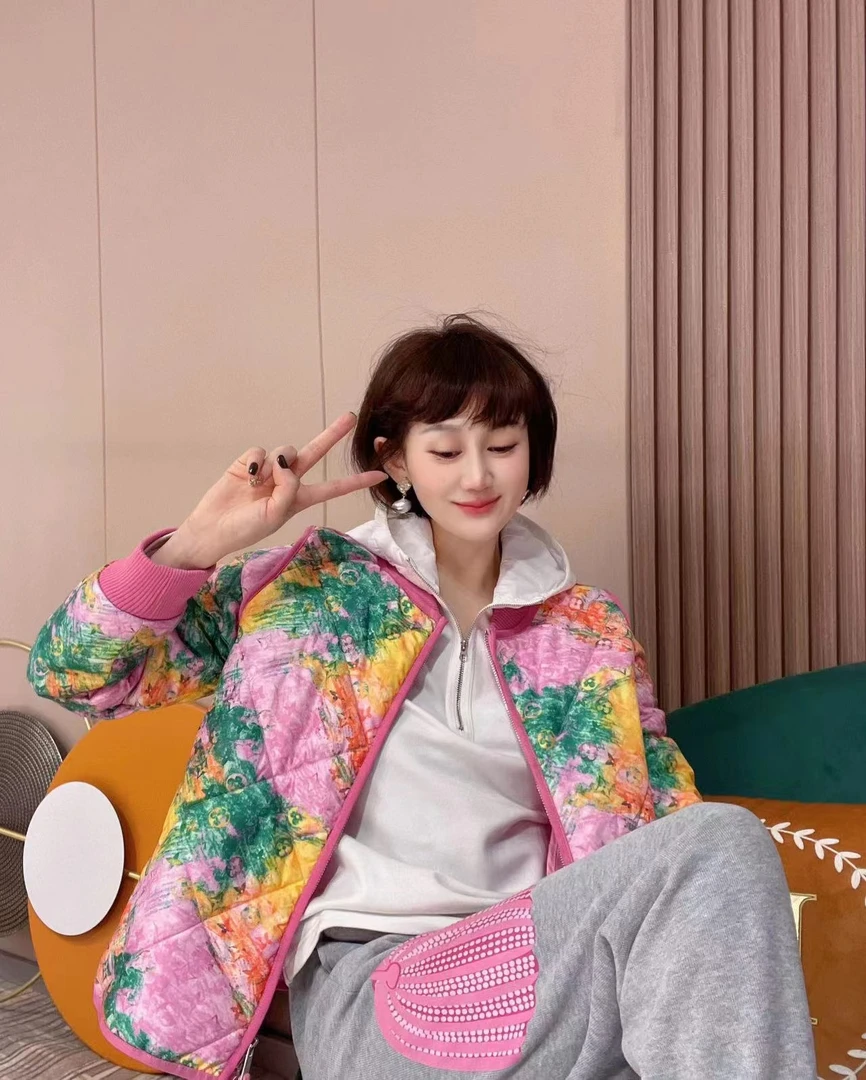 欣雨欣时尚潮流墨绿印花棉夹克外套