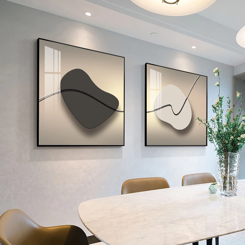 轻奢石来运转餐厅装饰画正方形画两联画饭厅挂画简约现代客厅壁画