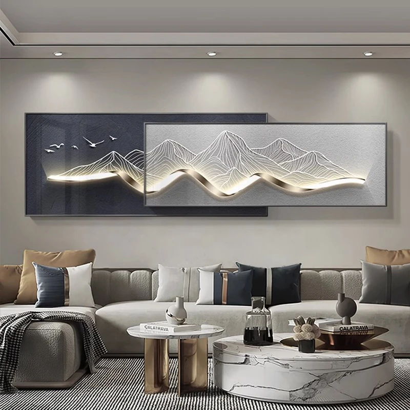 现代轻奢客厅装饰画背有靠山叠加山水墙壁画沙发背景墙挂画